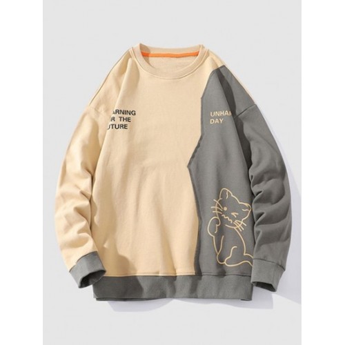 Colorblock Patchwork Cute Cat Slogan Swe...