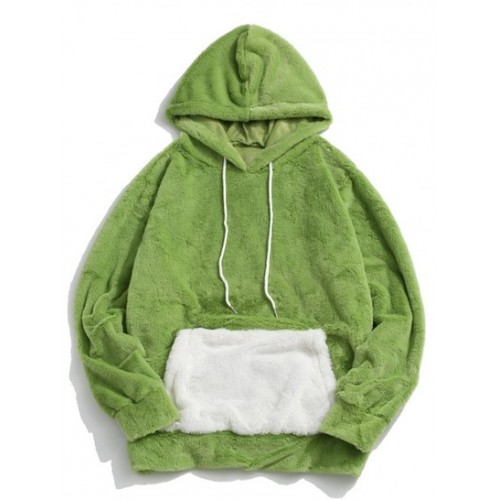 Contrast Kangaroo Pocket Fluffy Faux Fur...