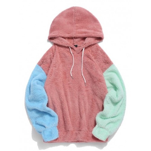 Color-blocking Splicing Fuzzy Fleece Pul...