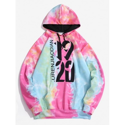 Tie Dye Letter Print Kangaroo Pocket Gra...