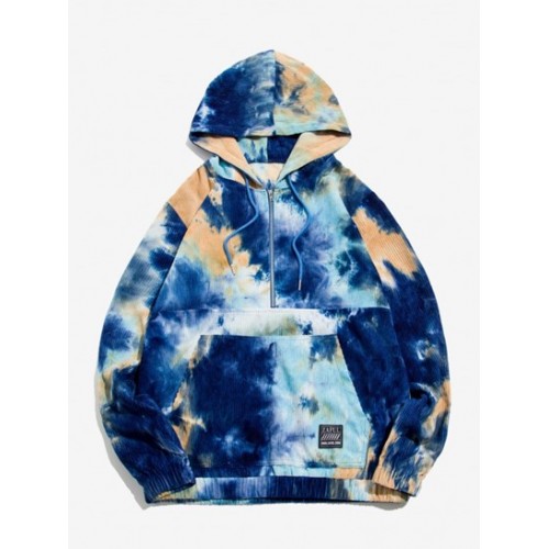 Half Zip Applique Tie Dye Corduroy Hoodie