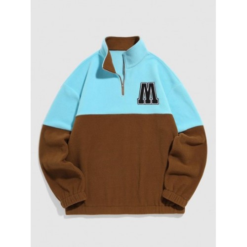 Quarter Zip Two Tone Color Letter Embroi...