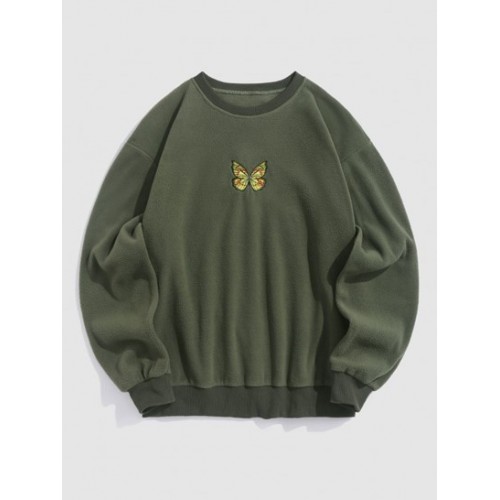 Butterfly Embroidery Fuzzy Polar Fleece Sweatshirt