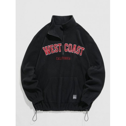 Zipper Design WEST COAST Letter Embroidery Essentials Polar Fleece Sweatshirt