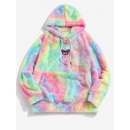 Tie Dye Pattern Butterfly Embroidered Fluffy Fleece Hoodie