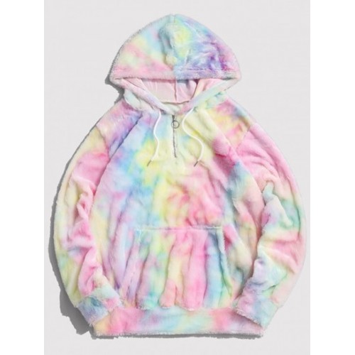 Tie Dye Faux Fur Half Zipper Fluffy Hoodie