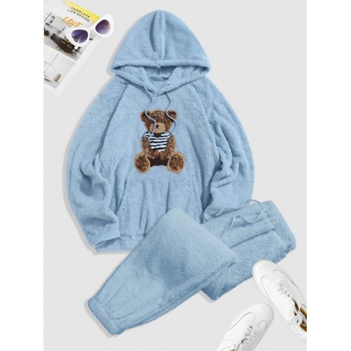 Bear Pattern Pullover Fluffy Teddy Hoodie And Beam Feet Pants Faux Fur Set