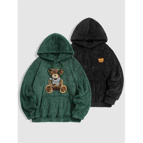 2Pcs Bear Terry Embroidered Pullover Fluffy Faux Fur Teddy Hoodies