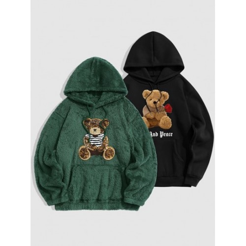 2Pcs Bear Terry Embroidered Fluffy Teddy Rose Graphic Pattern Fleece-lined Hoodie