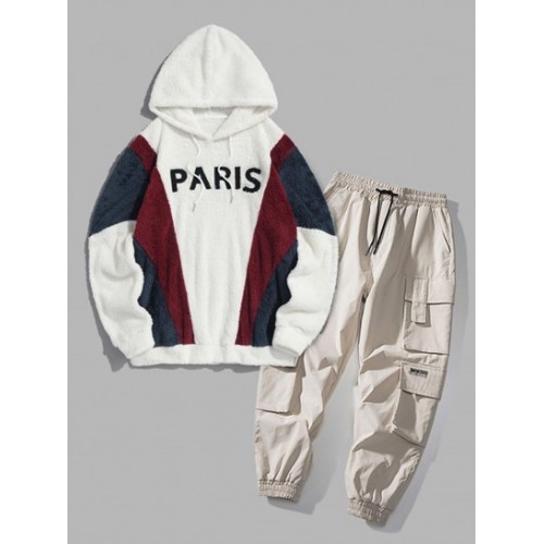 PARIS Embroidered Fuzzy Pullover Hoodie ...