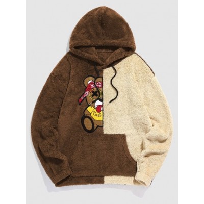 Two Tone Colorblock Faux Fur Fuzzy Cartoon Bear Terry Embroidered Pullover Hoodie