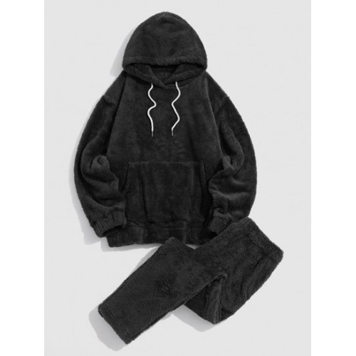 Solid Front Pocket Fluffy Fleece Hoodie ...