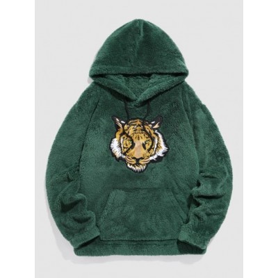 Tiger Embroidered Pocket Fluffy Hoodie