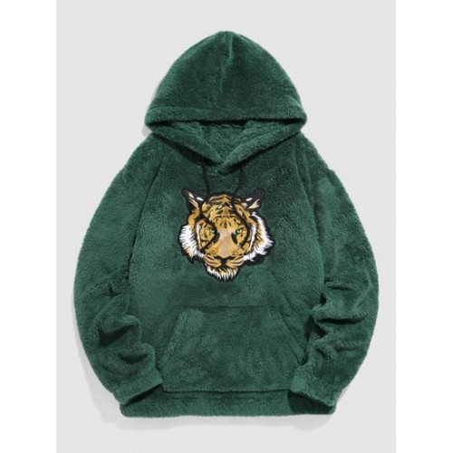 Tiger Embroidered Pocket Fluffy Hoodie