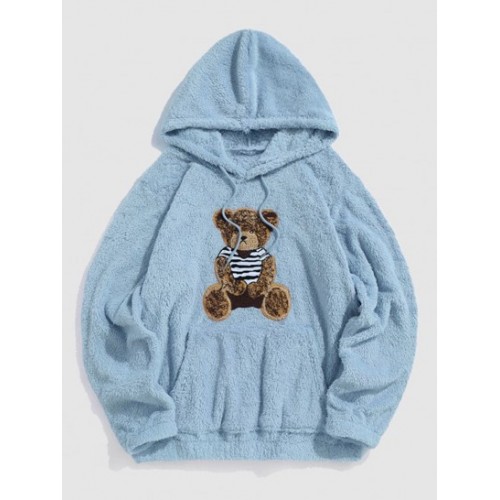 Bear Terry Embroidered Pullover Fluffy Faux Fur Teddy Hoodie