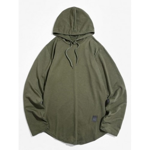 Faux Leather Applique Curved Hem Hoodie