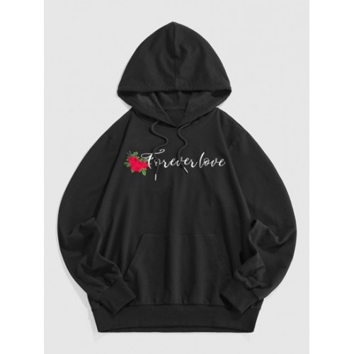Streetwear Embroidered Rose Pocket Hoodi...