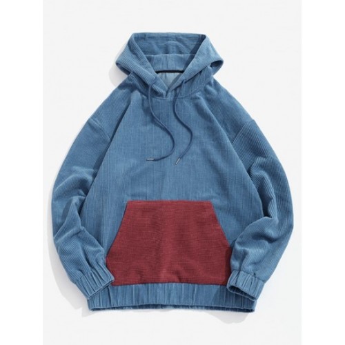 Colorblock Patchwork Pocket Corduroy Hoo...