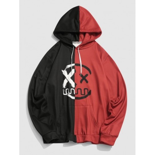 Cartoon Face Print Two Tone Hoodie