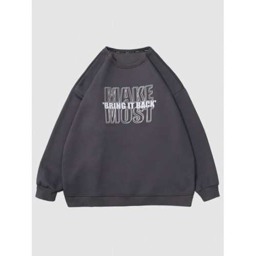 Letter Print Fleece-lined Drop Shoulder ...