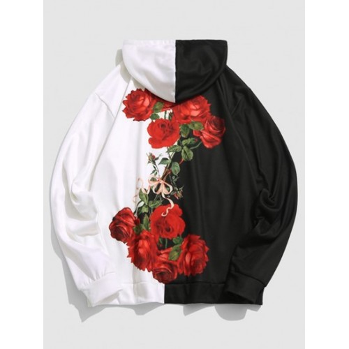 Color Block Two Tone Rose Flowers Print Streetwear Drawstring Hoodie