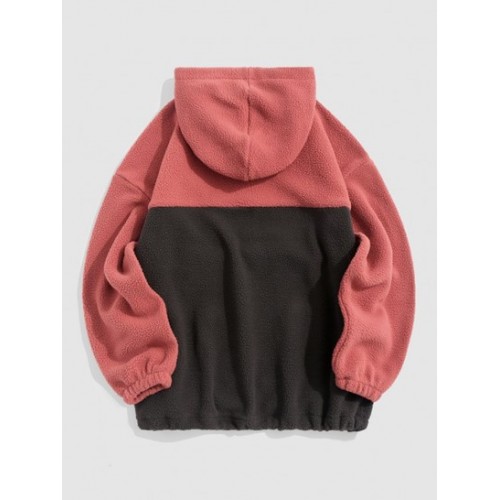 Front Pocket Two Tone Colorblock Fleece Faux Shearling Fluffy Oversized Hoodie