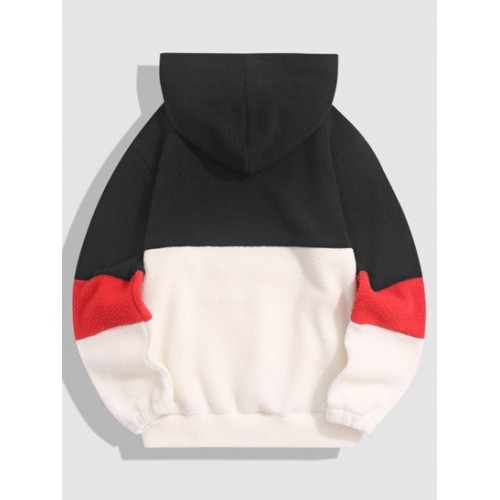 Streetwear Colorblock Patch Polar Faux Fur Fleece Hoodie