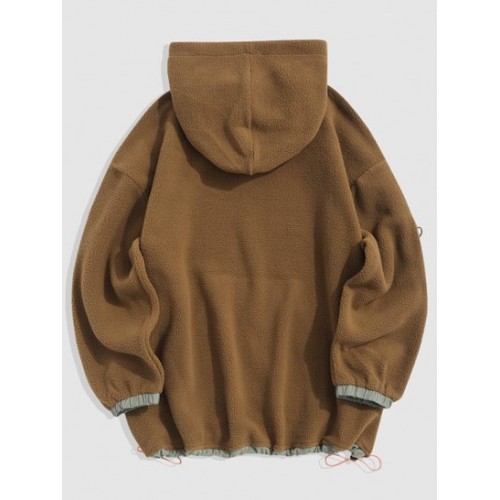 Oversized Colorblock Toggle Drawstring Fleece Faux Shearling Fluffy Hoodie