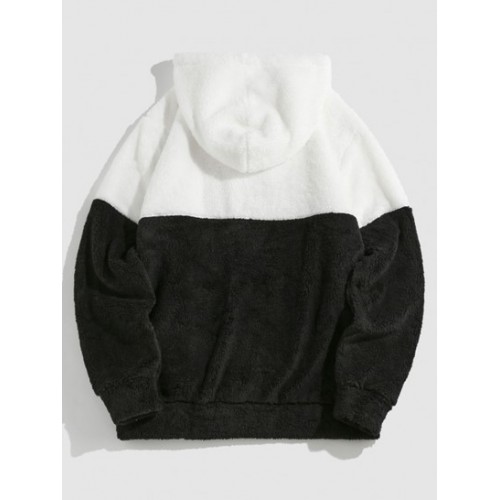 Letters Embroidered Two Tone Fluffy Hoodie