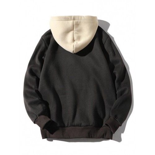 Color-blocking Letter Patch Detail Pouch Pocket Fleece Hoodie