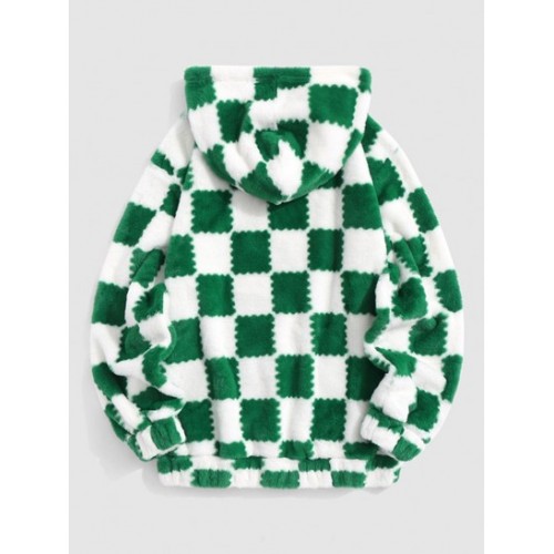 Checkered Pattern Fluffy Hoodie