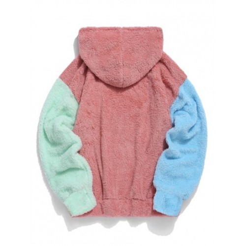 Color-blocking Splicing Fuzzy Fleece Pullover Hoodie