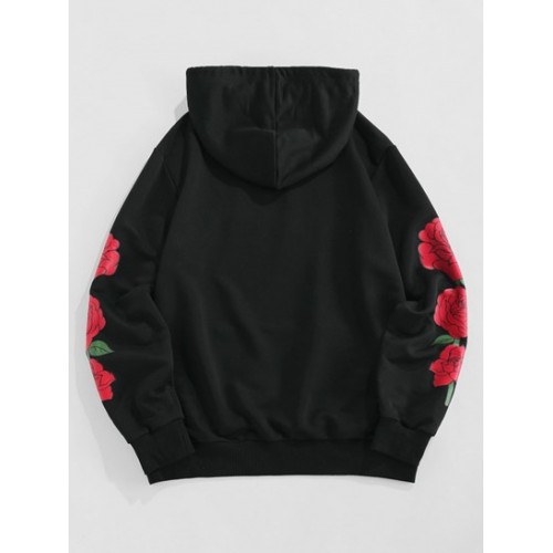 Flowers Letters Print Kangaroo Pocket Hoodie