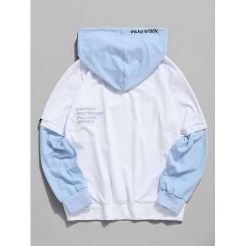 Contrast Faux Twinset Letter Embroidery Drawstring Hoodie