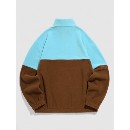 Quarter Zip Two Tone Color Letter Embroidered Polar Fleece Sweatshirt Quarter Zip Two Tone Color Letter Embroidered Polar Fleece Sweatshirt