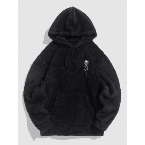 Fluffy Fleece Faux Fur Rose Embroidered Hoodie And Jogger Pants Set