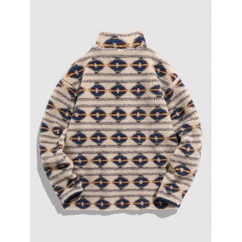 Fuzzy Faux Shearling Quarter Zip Ethnic Tribal Print Sweatshirt