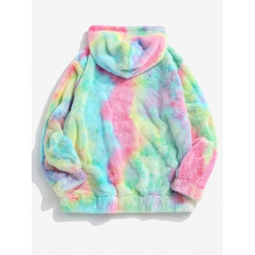 Tie Dye Pattern Butterfly Embroidered Fluffy Fleece Hoodie