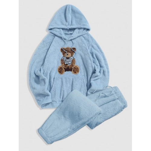 Bear Pattern Pullover Fluffy Teddy Hoodie And Beam Feet Pants Faux Fur Set