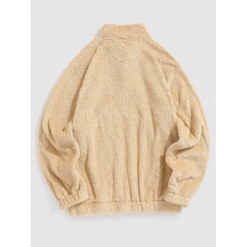 Chinese Characters Embroider Quarter Button Fluffy Faux Fur Teddy Sweatshirt