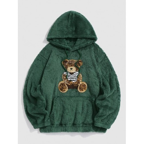 2Pcs Bear Terry Embroidered Fluffy Teddy Rose Graphic Pattern Fleece-lined Hoodie