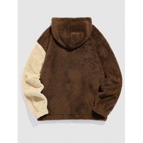 Two Tone Colorblock Faux Fur Fuzzy Cartoon Bear Terry Embroidered Pullover Hoodie