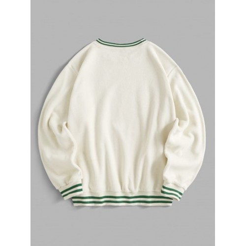 Striped Trim Polar Fleece Fluffy New York Embroidered Sweatshirt Striped Trim Polar Fleece Fluffy New York Embroidered Sweatshirt