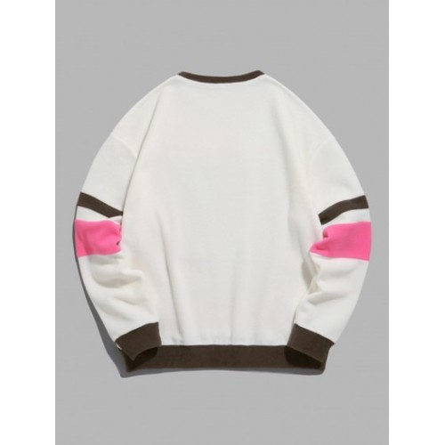 Color Spliced Fuzzy Polar Fleece Letter Patch Design Sweatshirt