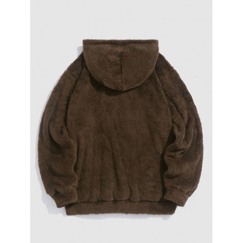 Kangaroo Pocket Bear Pattern Drawstring Fluffy Faux Fur Hoodie