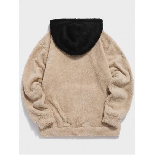 Colorblock Splicing Drawstring Fluffy Fleece Hoodie