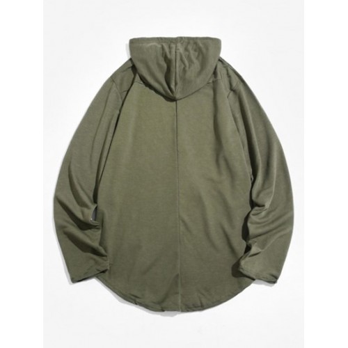 Faux Leather Applique Curved Hem Hoodie