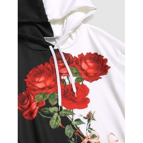 Color Block Two Tone Rose Flowers Print Streetwear Drawstring Hoodie