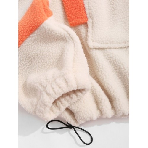 Oversized Kangaroo Pocket Colorblock Fleece Faux Shearling Fluffy Teddy Hoodie