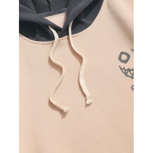 Streetwear Cartoon Face Print Colorblock Fleece Hoodie